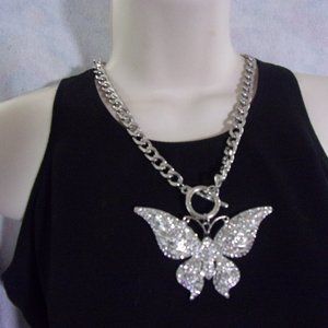 Vintage toggle chain necklace with rhinestone butterfly pendant